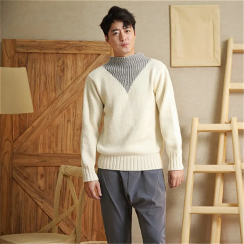 

100% hand made pure wool patchwork half high collar knit men brief H-straight pullover sweater one&over size