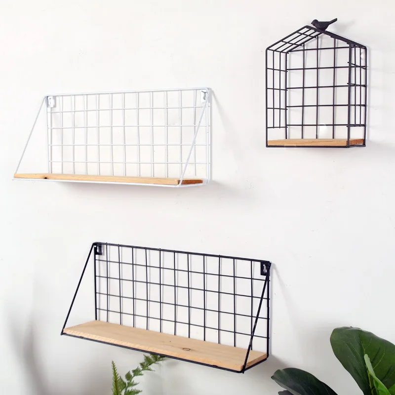 Vintage Iron Storage Shelf Wall Hanging Ornaments Sundries Holder Decoration Creative Wooden Rack Housekeeper Gifts | Дом и сад