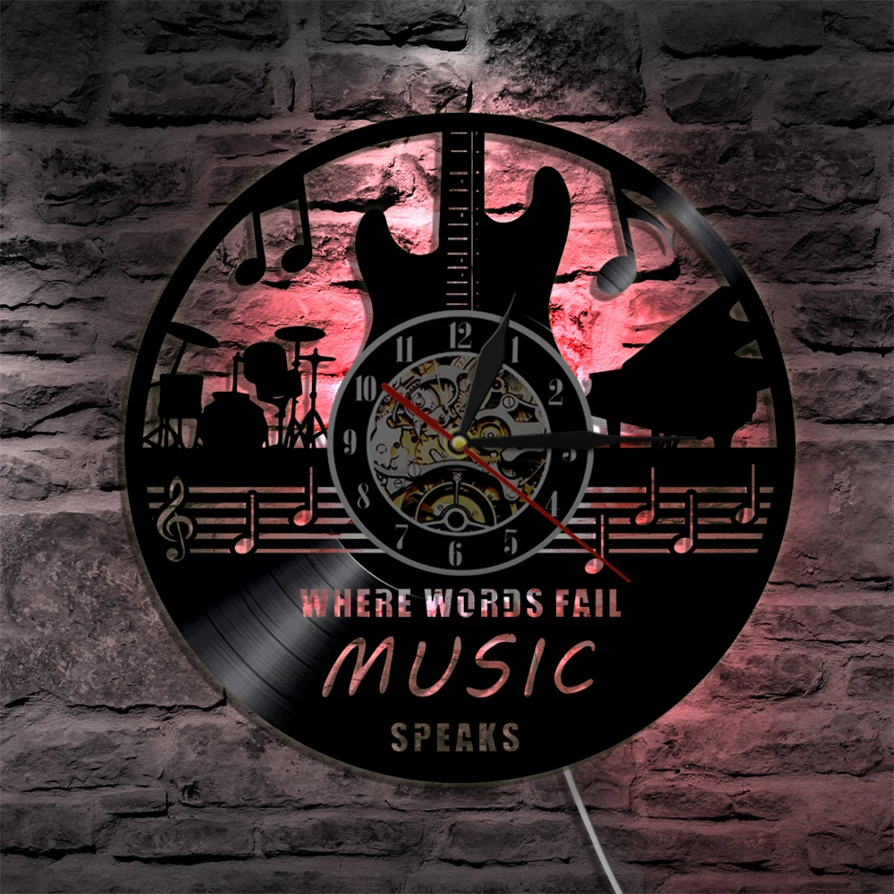 Where Words Fail Music Speaks Quote Wall Art Vinyl Record Clock Guitar Decorative Rock n Roll Gift | Дом и сад