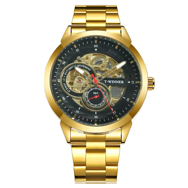 GOLD BLACK Роскошные Брендовые мужские часы Победитель автоматические механические часы с скелетом мужские золотые часы с ремешком из нержавеющей стали деловые часы Wirstwatch - Цвет: GOLD BLACK