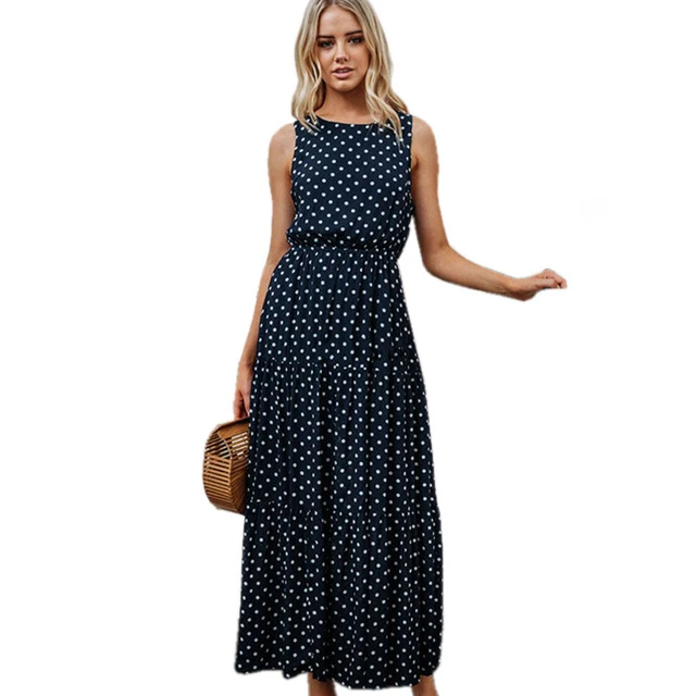Женское летнее платье в горошек 2018 Модное Элегантное Длинное без рукавов 1960s
