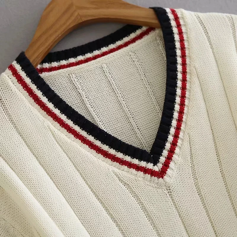 Женский плотный Трикотажный Хлопковый свитер с V-образным вырезом сине-красными