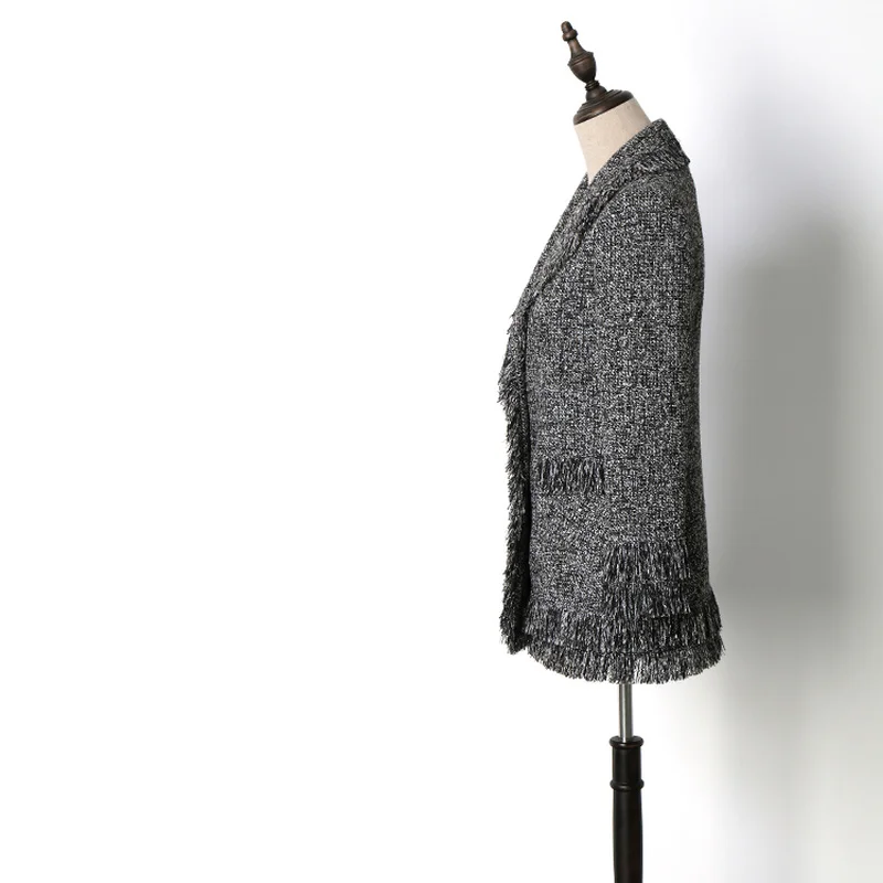 Высокое качество, брендовый дизайн, Осень-зима, женские твидовые пальто с кисточками, винтажные, средней длины, женские блейзеры, куртка серого цвета Y083