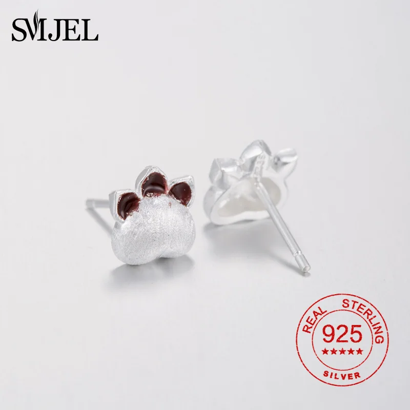 Женские серьги гвоздики SMJEL из серебра 925 пробы с эмалью в виде кошачьей лапы