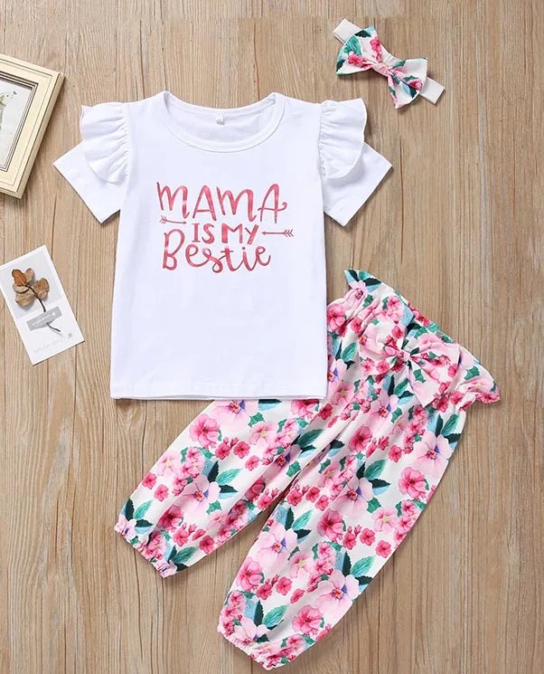 Clothing Set 1 3 предмета в комплекте Одежда для новорожденных девочек летние надпись "Мама" is my Bestie» Топы+ брюки с цветочным принтом+ повязка на голову для малышей, наряд для маленьких девочек - Цвет: Clothing Set 1