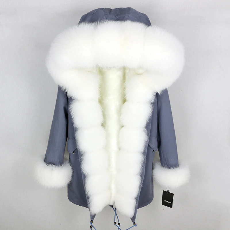 grey white Brand Real Fur Coat Fashion Winter Jacket Women Natural Real Fox Fur Collar Loose Long Parkas Big Fur Outerwear Detachable - Цвет: grey white