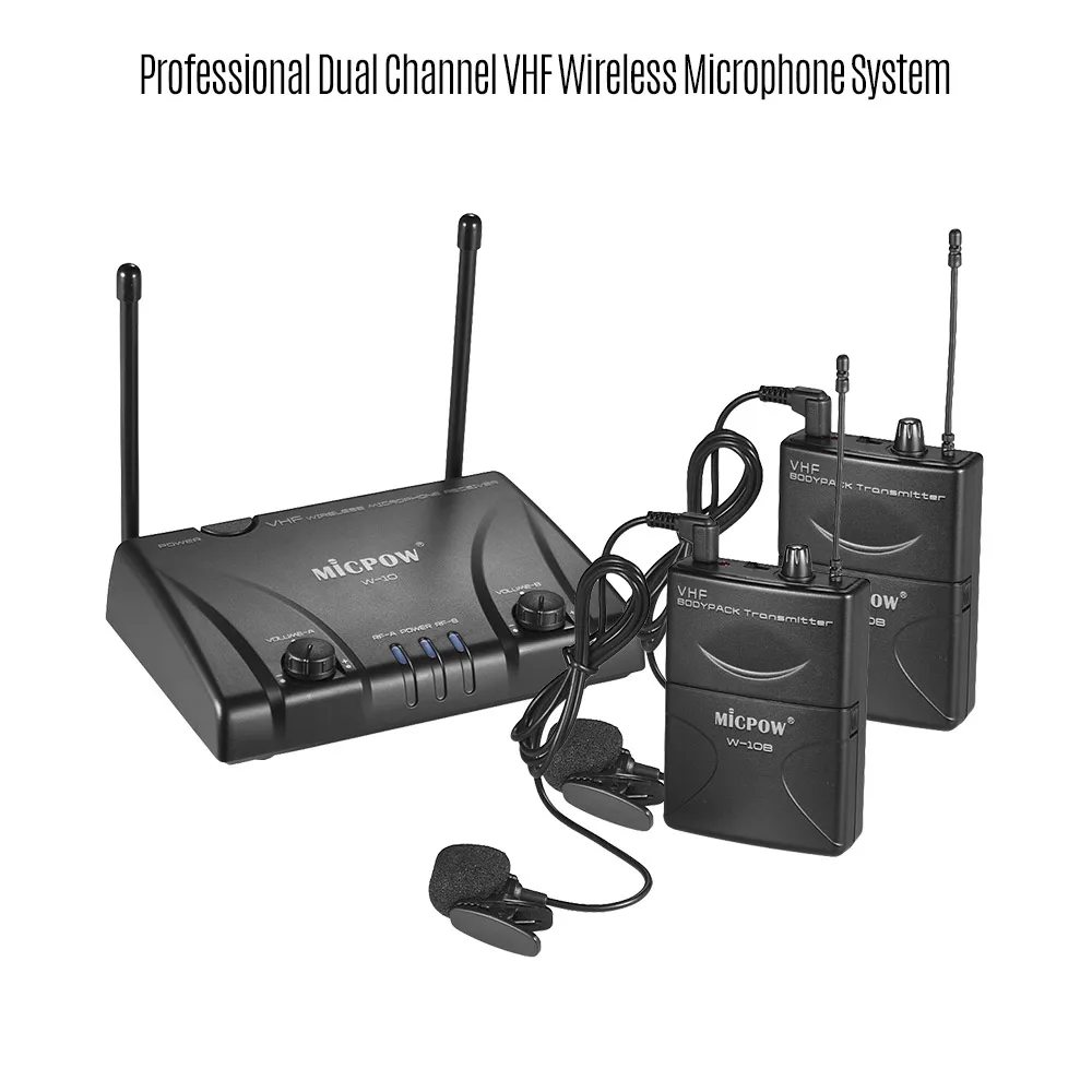 MICPOW W-10 беспроводной микрофон VHF двухканальный 2 лацкана петличный + передатчика 1
