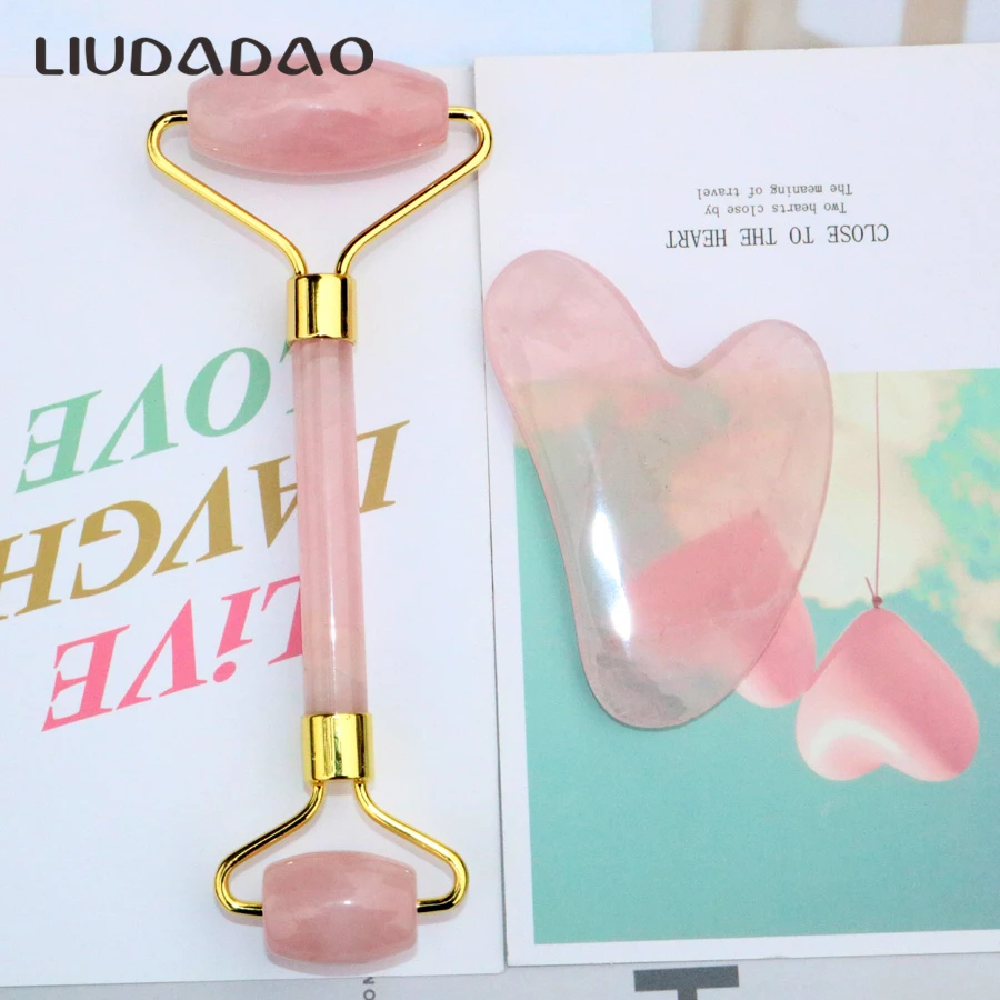

LIUDADAO Double Head Facial Massage Set Rollers Wands GuaSha Jade 2Pcs Massager Natural Stone Rose Quartz Body Care Tools Health