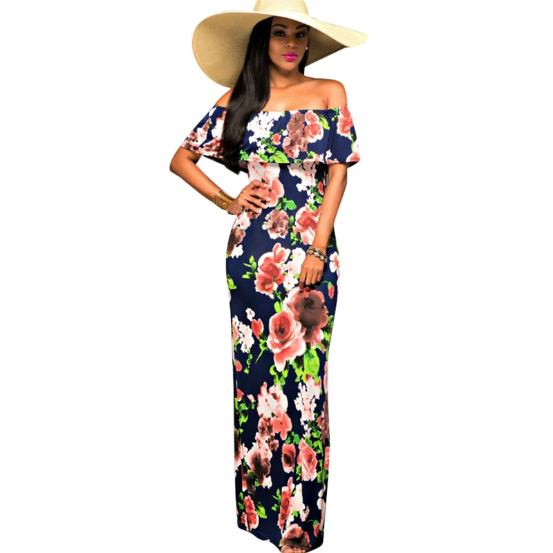 Женское длинное летнее платье винтажное макси с вырезом лодочкой и цветочным