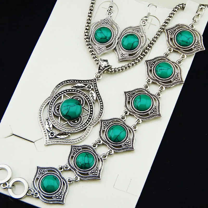 Новый стиль античное серебро зеленая бирюза натуральное ожерелье серьги браслет