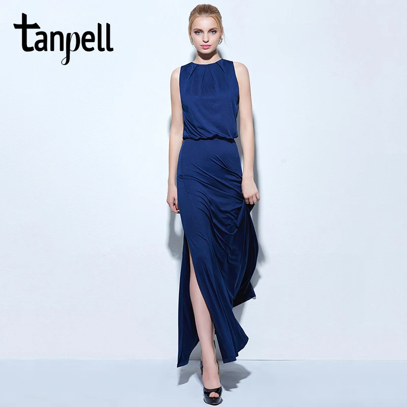 Длинное вечернее платье Tanpell недорогое темно синее в пол без рукавов|evening dress|long