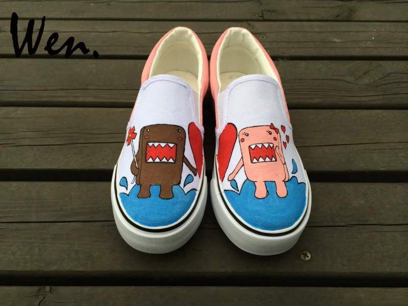 

Wen Hand Painted Shoes Design Custom Cartoon Dolls Graffiti Painting White Slip on Canvas Sneakers Women Men Low Top Plimsolls
