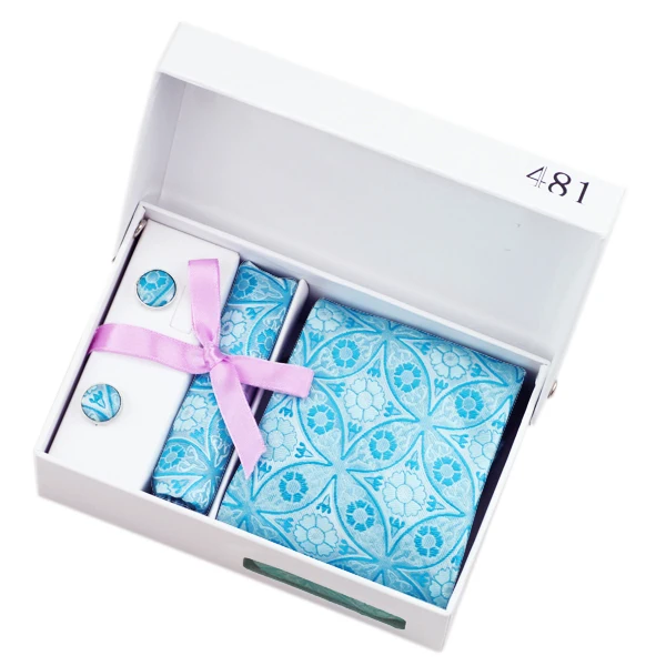 

B-481 Men Tie Skyblue Floral Silk Ties Hanky Cufflinks Gift Box Bag Set Business Wedding Party Ties For Men