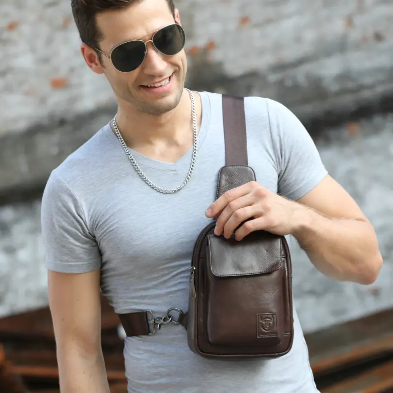 Мужские нагрудные сумки из 100% натуральной кожи с usb зарядкой водонепроницаемые