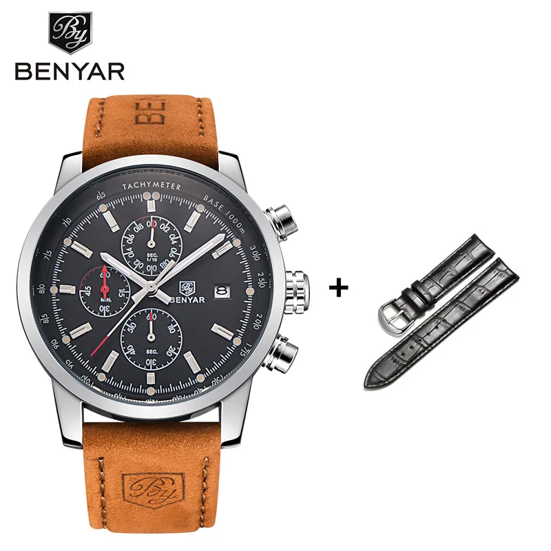 Silver Black No Box Наручные часы BENYAR, мужские часы, модный набор, кварцевые, Топ бренд, Роскошные, хронограф, кожа, спортивные часы, мужские часы, Relogio Masculino - Цвет: Silver Black No Box