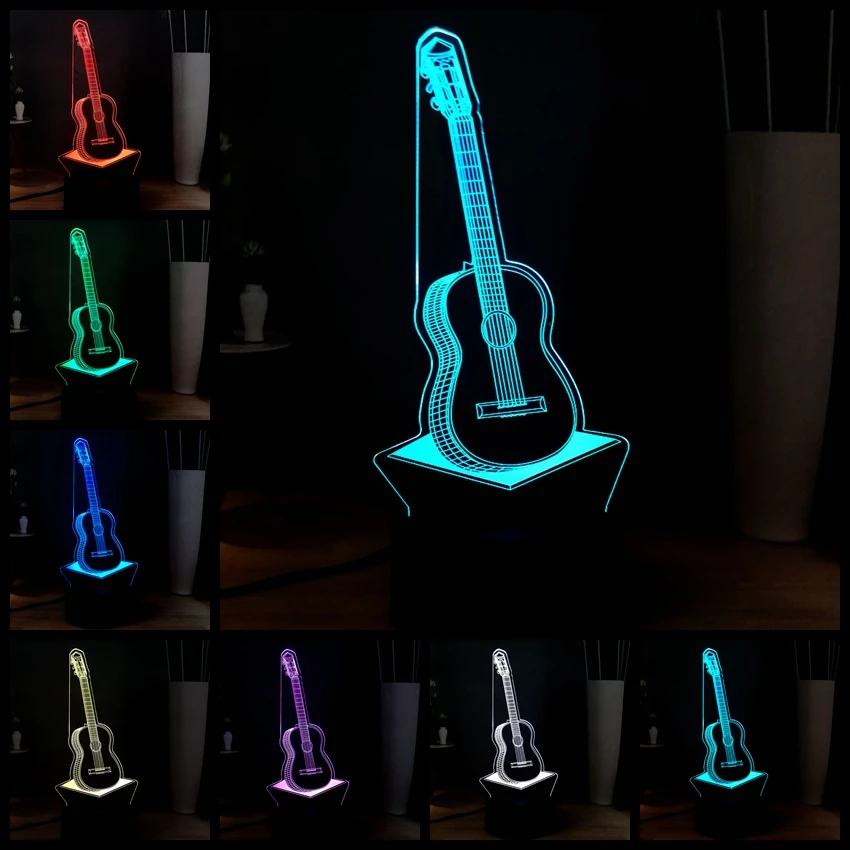 3D иллюзия музыкальная гитара 7color Изменение светодиодный сенсорный пульт дистанционного акрилового Дека атмосферная прикроватная RGB настольный ночник лампа детский праздничный подарок