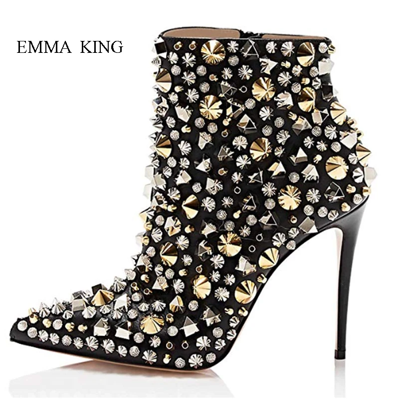 Emma King Stivaletti Tacco Alto/роскошные женские ботильоны с шипами и заклепками с острым носком; вечерние туфли высокого качества