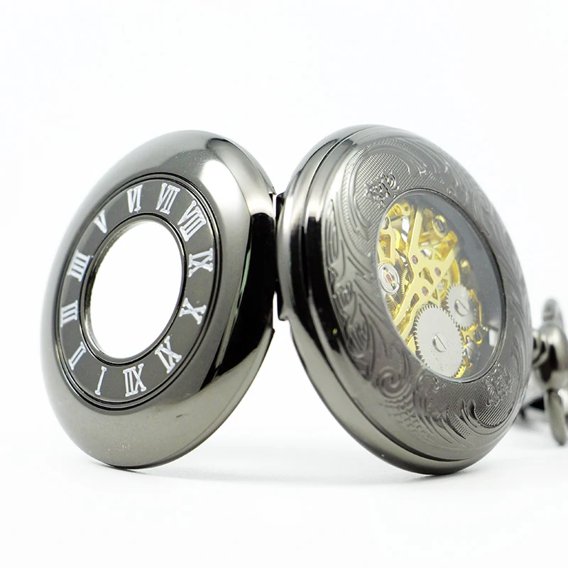 Antique Vintage Mens Steel Skeleton Roman Number Mechanical Pocket Watch Hand Wind Watches with Chain PJX1283