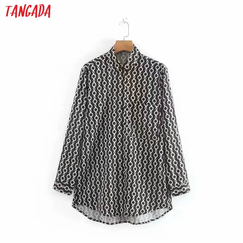 Tangada, Женская шикарная рубашка с цепным принтом, длинный рукав, отложной воротник, Женская офисная блузка, Стильные топы, blusas XN271