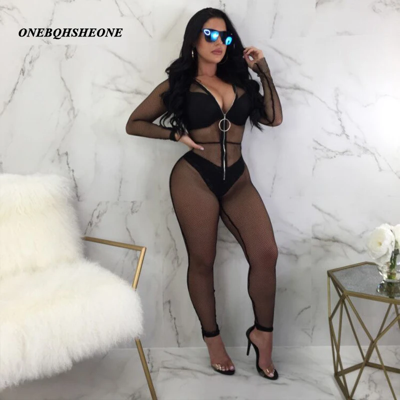 Для женщин сетка комбинезон Sheer See Through с длинным рукавом молнии спереди V шеи Bodycon
