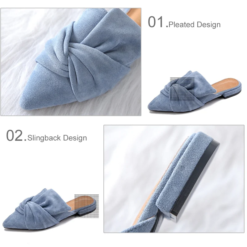 Женские туфли без задника; замшевые сандалии без задника; Шлепанцы из флока; женская летняя модная обувь на низком каблуке с острым носком и бантом; женская обувь размера плюс