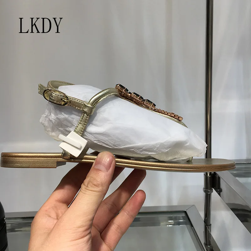 Золотой LKDY/женские вьетнамки из натуральной кожи наивысшего качества; шлепанцы для отдыха; сандалии на плоской подошве с пряжкой и кристаллами из кокосового ананаса - Цвет: Золотой