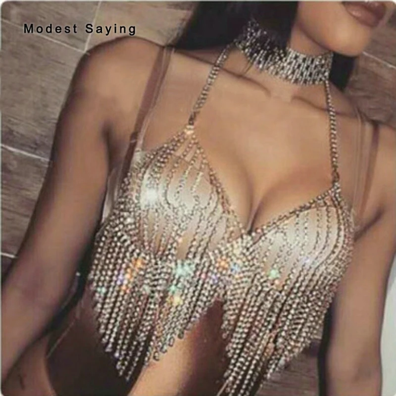 

Sexy Lady Crystal Body Chain Beach Tassel Belly Body Chain 2018 Gold Bikini Bra Chain Body Jewelry for Women Body Decoration