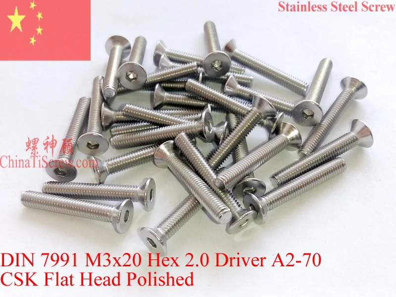 Tornillos de acero inoxidable DIN 7991 M3 M3x20, cabeza plana, hexagonal, A2-70, pulido ROHS, 100 Uds.