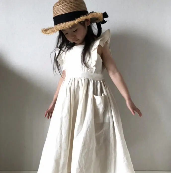 Spring and Summer Girls linen pocket crepe lace sleeveless dress hanging children | Детская одежда и обувь