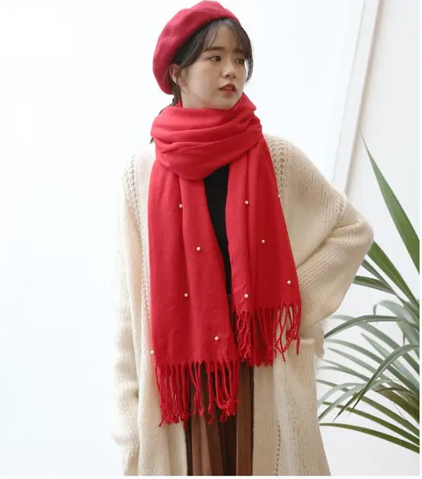 

Fashion new arrival Autumn winter scarves for women shawls and wraps lady pashmina pure long cashmere Pearl KNITTED Solid Scarf