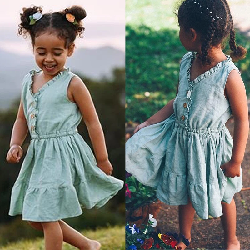 Summer New Sweet Baby Girls Kids Ruffles Toddler Sleeveless V-neck Solid Sundress Princess Party Girl Causal Dresses | Детская одежда и