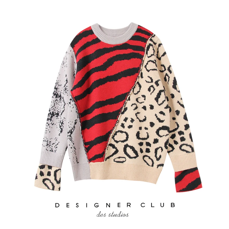 7Mang 2019 Streetwear Contrast Color Vintage Leopard Sweater Women Long Sleeve Korean Loose Harajuku Knit Pullover 0102 | Женская одежда