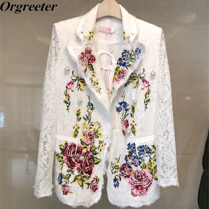 

High Quality White Coat 2018 Business Women Flower Embroidery Lace Suit Jacket Beautiful Pearl buckle pocket Suits Coat
