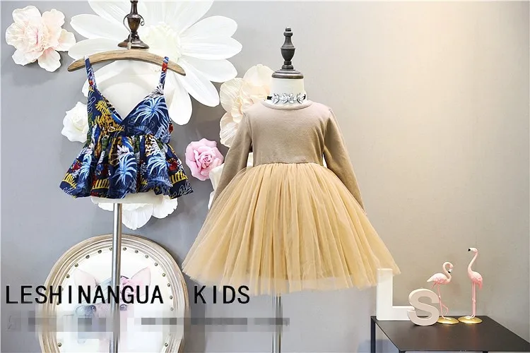 2018 children's girls clothes suit autumn new cotton solid color dress+flower pattern shoulder vest 2pcs kids sets 3-7Y | Детская