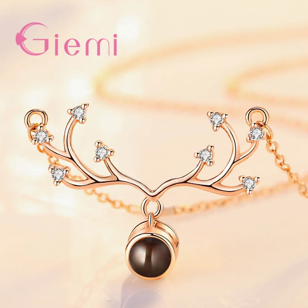 4 Styles CZ Stone Lucky Deer Horn Projection Necklace Rose Gold 100 Languages I Love You Elk Pendant Necklaces Christmas Gift | Украшения и