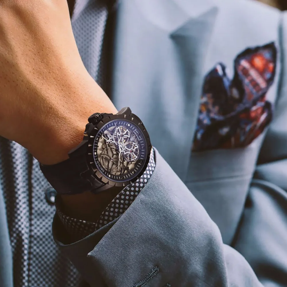 OBLVLO все черные армейские военные прозрачные часы для мужчин Tourbillon деловые часы кожаные Relogio Masculino часы OBL3606