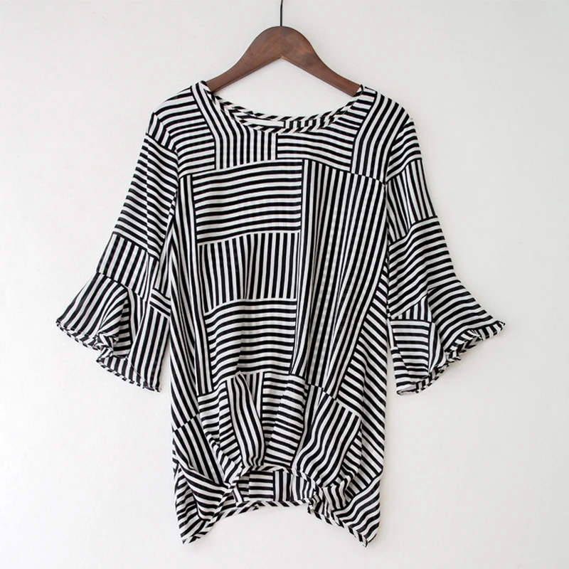 100% Silk Blouse Women Lightweight Fabric Striped Printed Plus O Neck Ruffles Half Sleeves Loose Casual Tops New Fashion 2017 |