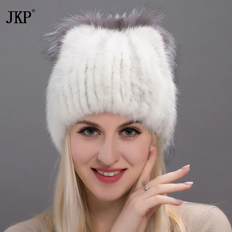 Women Winter Real Natural Mink Fur Hat With Large Silver Fox Fur Cap Fashion  Warm Ear Protectors
