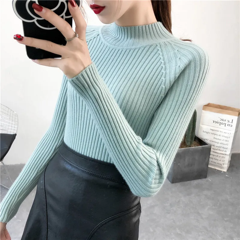 Autumn Winter Women Knit Sweater Pullover New Solid Half Turtleneck Jumper Long-sleeved High-elastic Bottom Shirt | Женская одежда