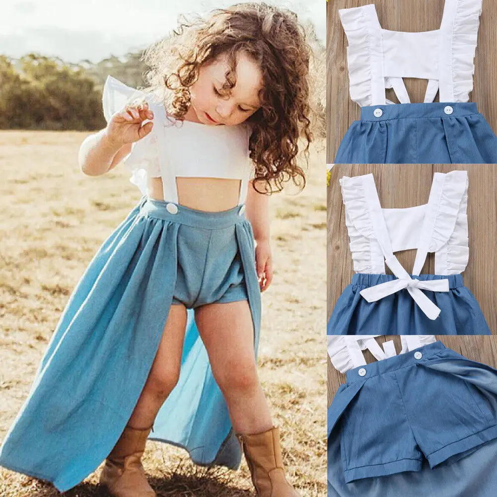 2018 Brand New Toddelr Infant Kids Baby Girls Ruffel Sleevelss Jumpsuit Romper Dress Outfits Denim Color Set Bull-puncher 1-6T | Детская