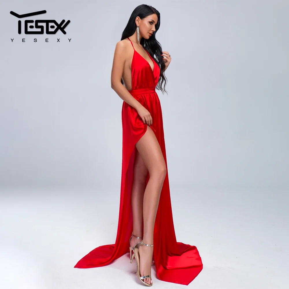 

Yesexy 2021 Sexy Deep V Neck Solid Color Spaghetti Strap High Split Red Women Party Dresses Summer Backless Maxi Dress VR19433