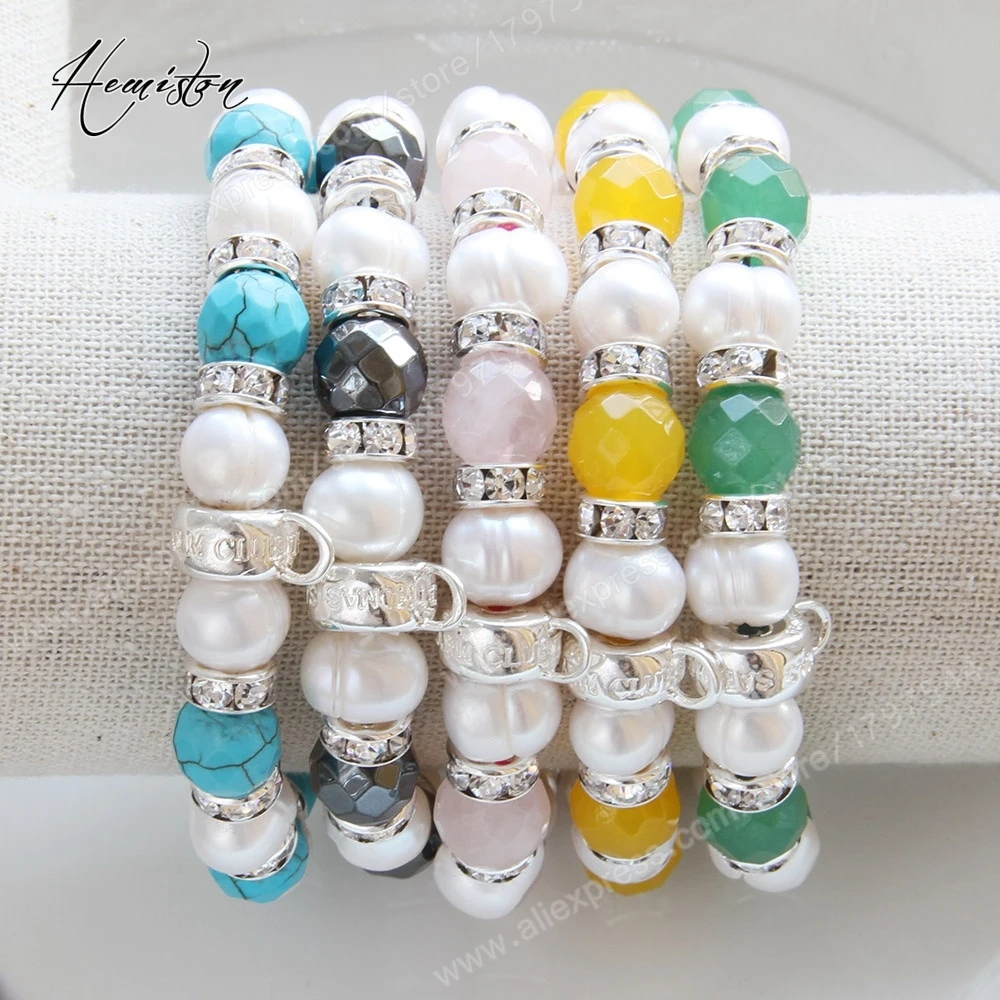 

Thomas Rose Pink Stone Quartz Bead, Freshwater Pearl, Rhinestone Bead Bracelet with Charm Carrier, Jewelry for Women TS B906