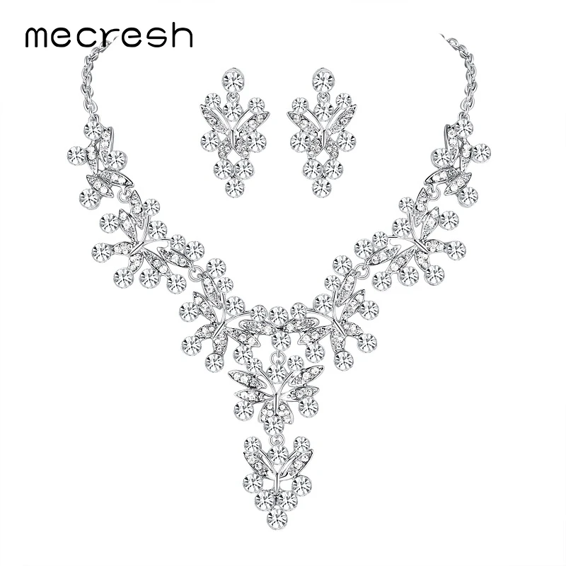 Mecresh Leaf Crystal Bridal Jewelry Sets For Women Silver Color Geometric Statement Necklace Set Fashion Wedding MTL525 | Украшения и