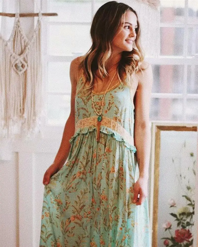 Женское винтажное бирюзовое платье на бретельках BOHO летнее с оборками и