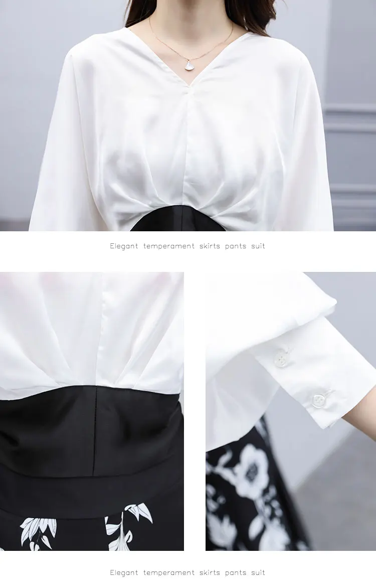 Шифоновый Женский комплект 2 шт. с цветочным принтом и рукавами фонариками костюм