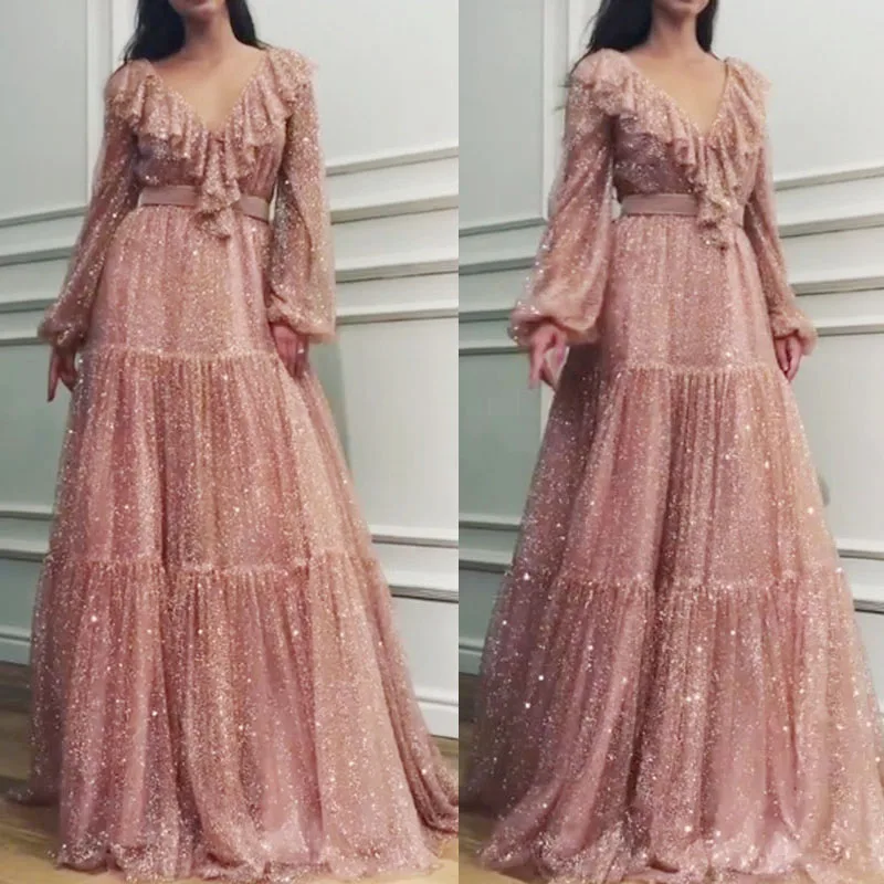 Женская мода v-образным вырезом гофрированное платье с рукавами-колокольчиками