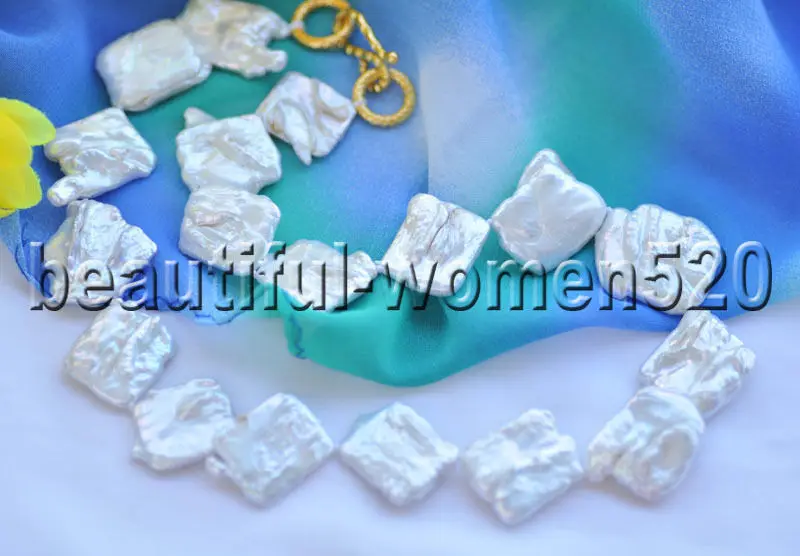 

Z8470 20mm White Square Coin KESHI REBORN PEARL NECKLACE 17inch