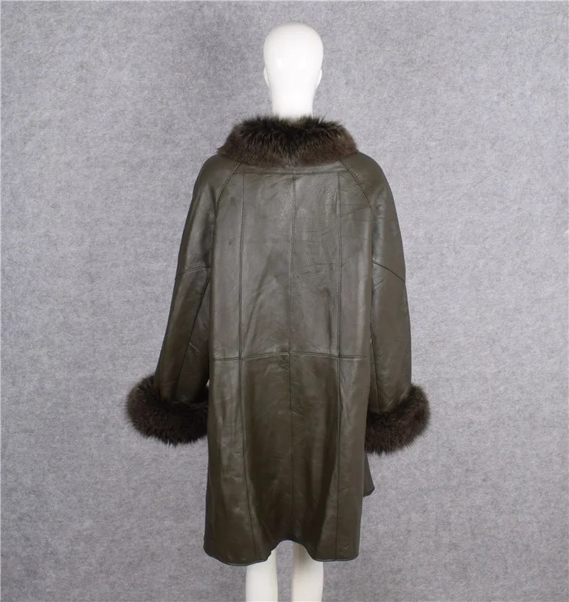 Women's mum big large size clothing genuine sheepskin leather natural woolen cashmere liner jacket fox fur collar green xxxxxxl