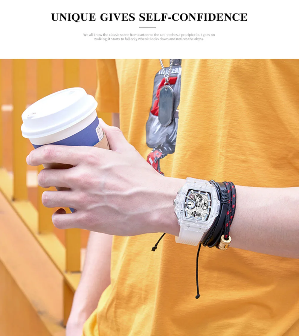 luxury mens wristwatches Transparent quartz waterproof Multifunction man watches square white fashion clocks
