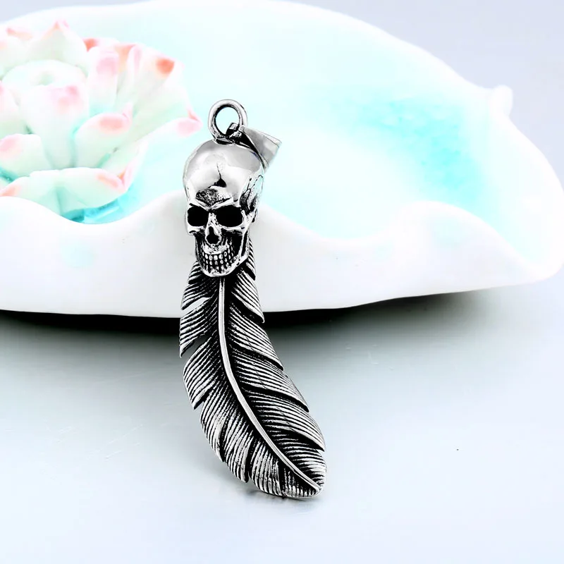 PUNK skull Stainless Steel Leaf chain Feather fashion man necklace pendant for gothic jewelry charm choker | Украшения и